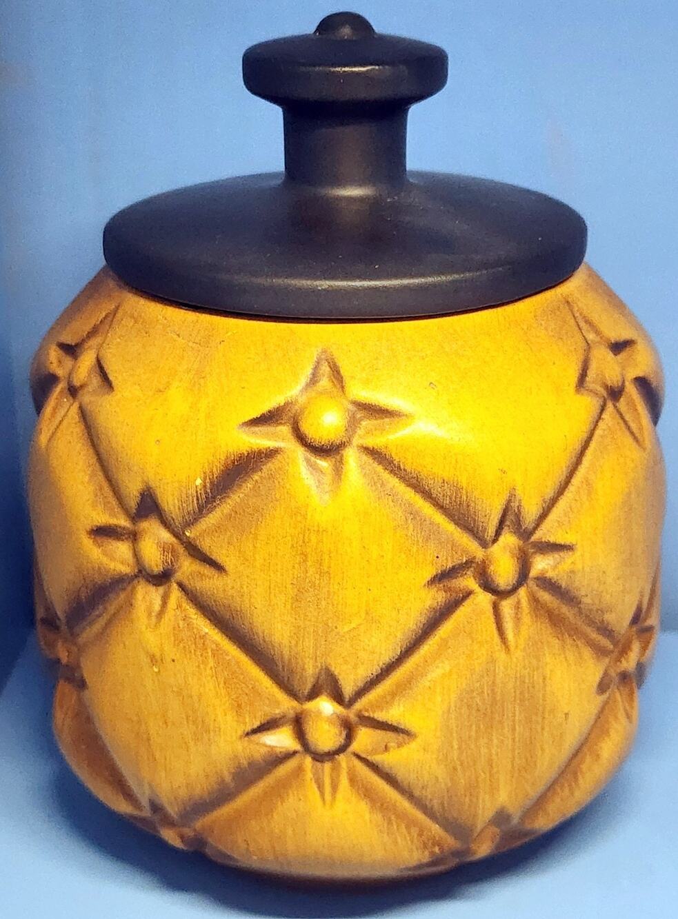 MCM Haeger Pottery Quilted Tufted Canister 8060 Yellow Shaded Black Lid 5 1/2"